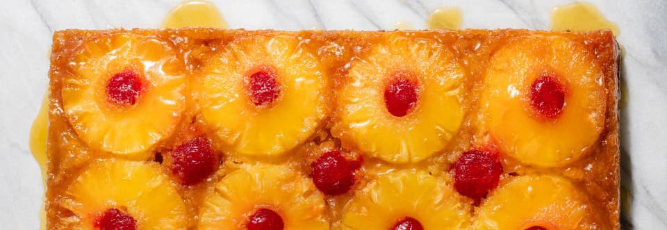 Top down shot on Easy Pineapple Upside Down Cake. 