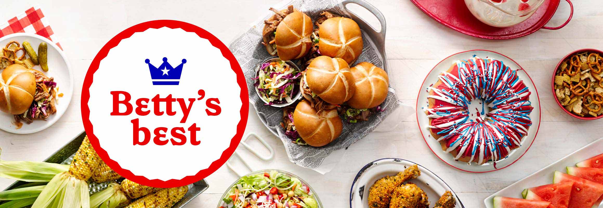 Betty's Best  Red, white and blue bundt cake, water melon slices, fried chicken, hamburgers, grilled corn on the cob